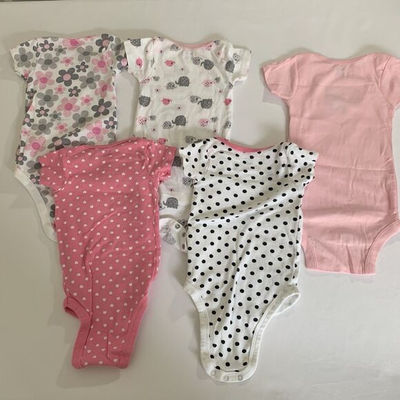 Gerber Bodysuits Bundle Baby Girl 3-6M Short Sleeve White Pink Polka Elephants - Picture 2 of 8